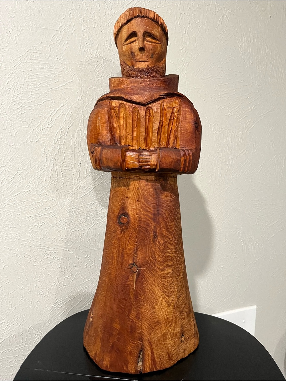 Hand-Carved Wooden Monk Sculpture in Warm Brown